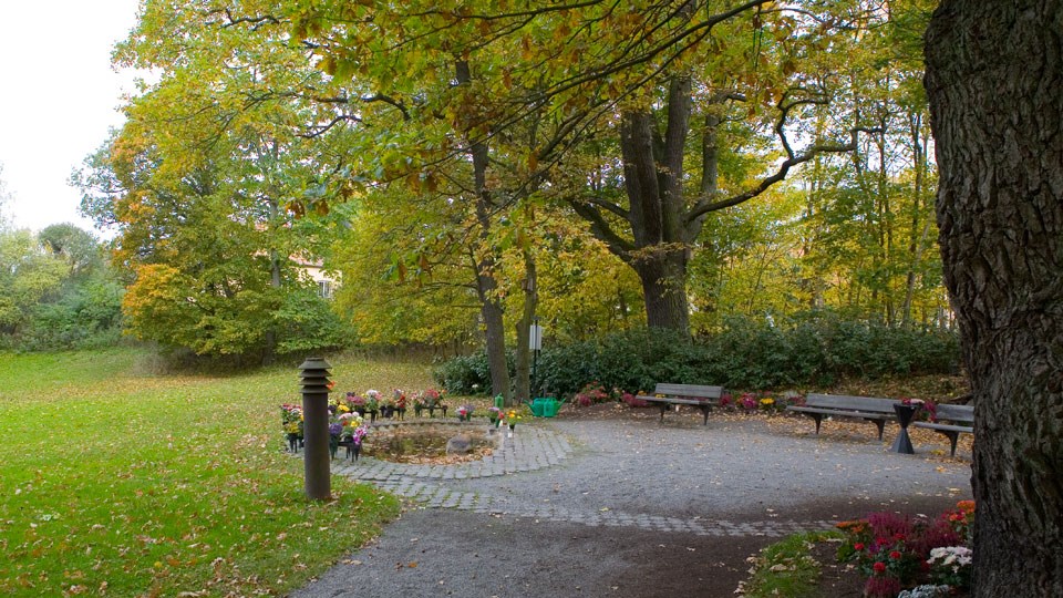 En minnesplats full av blombuketter. Runt platsen finns gräs och grönskande lövträd.